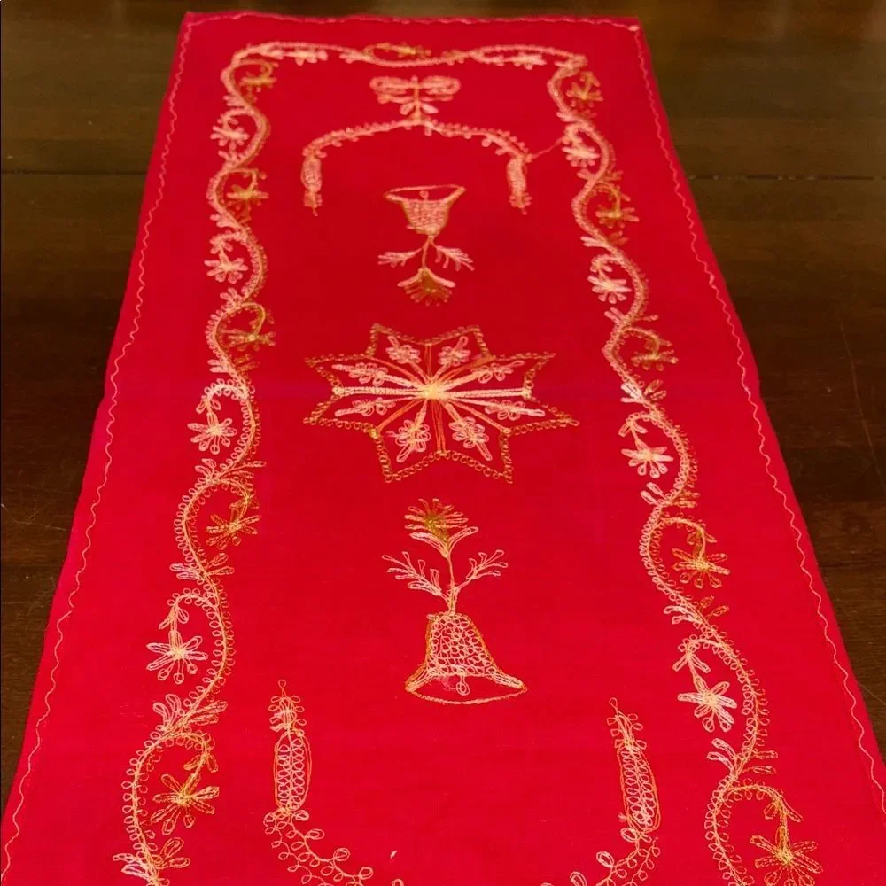 Elegant Red Embroidered Table Runner Set